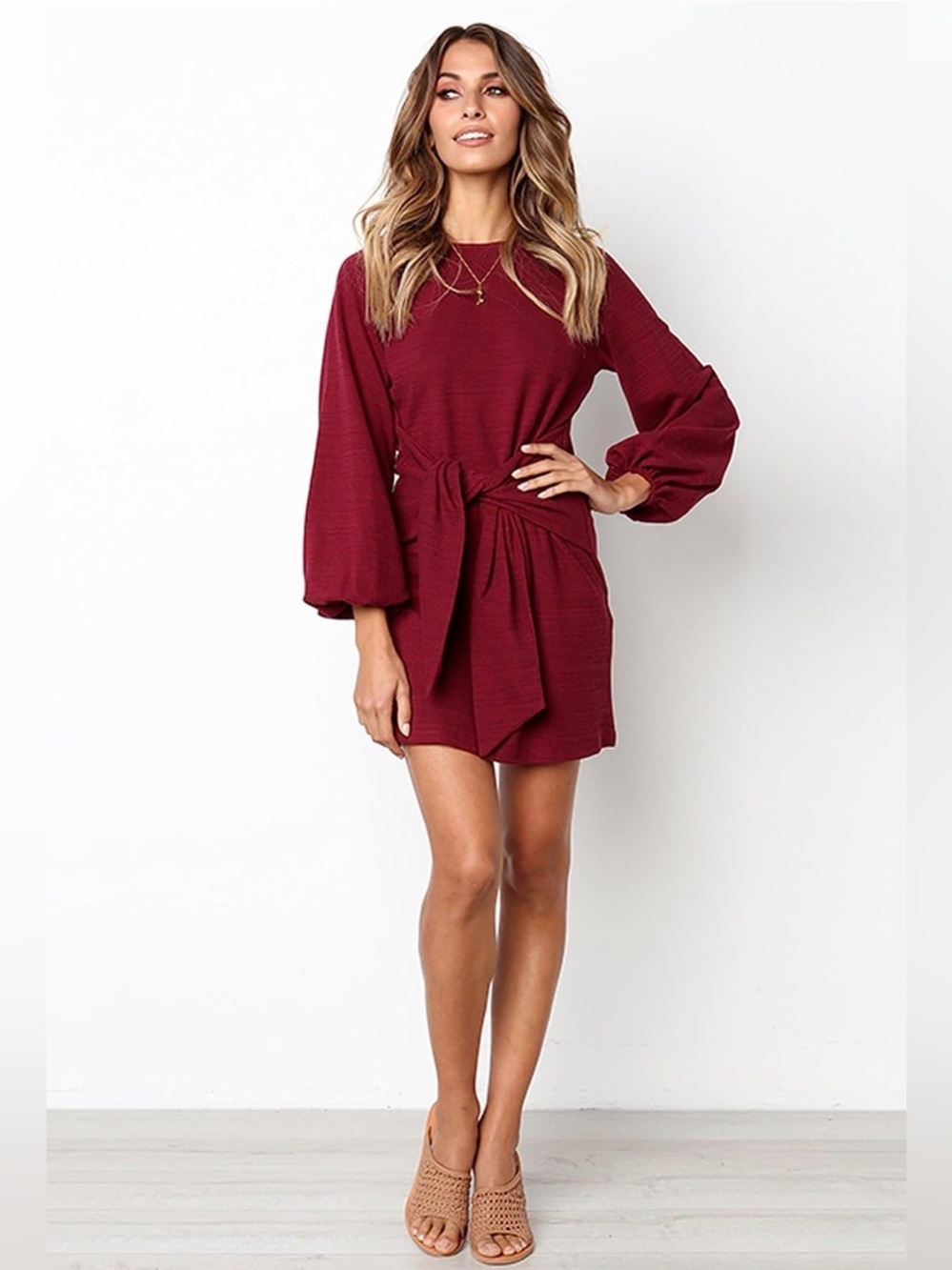 Women Crewneck Long Sleeve Short Fall Dresses Burgundy Size MEDIUM